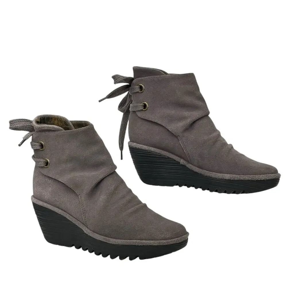 Fly London Yama Wedge Boots Women's SZ 38 Gray Suede Slouchy Lagenlook Comfort